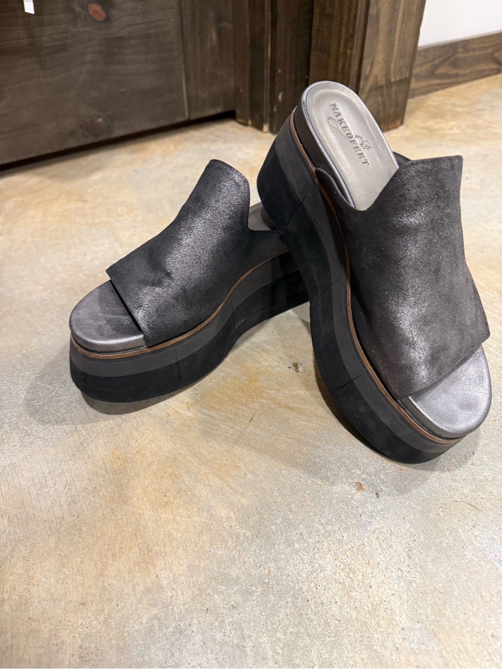 Naked Feet Black Metallic Platform Slide Mules